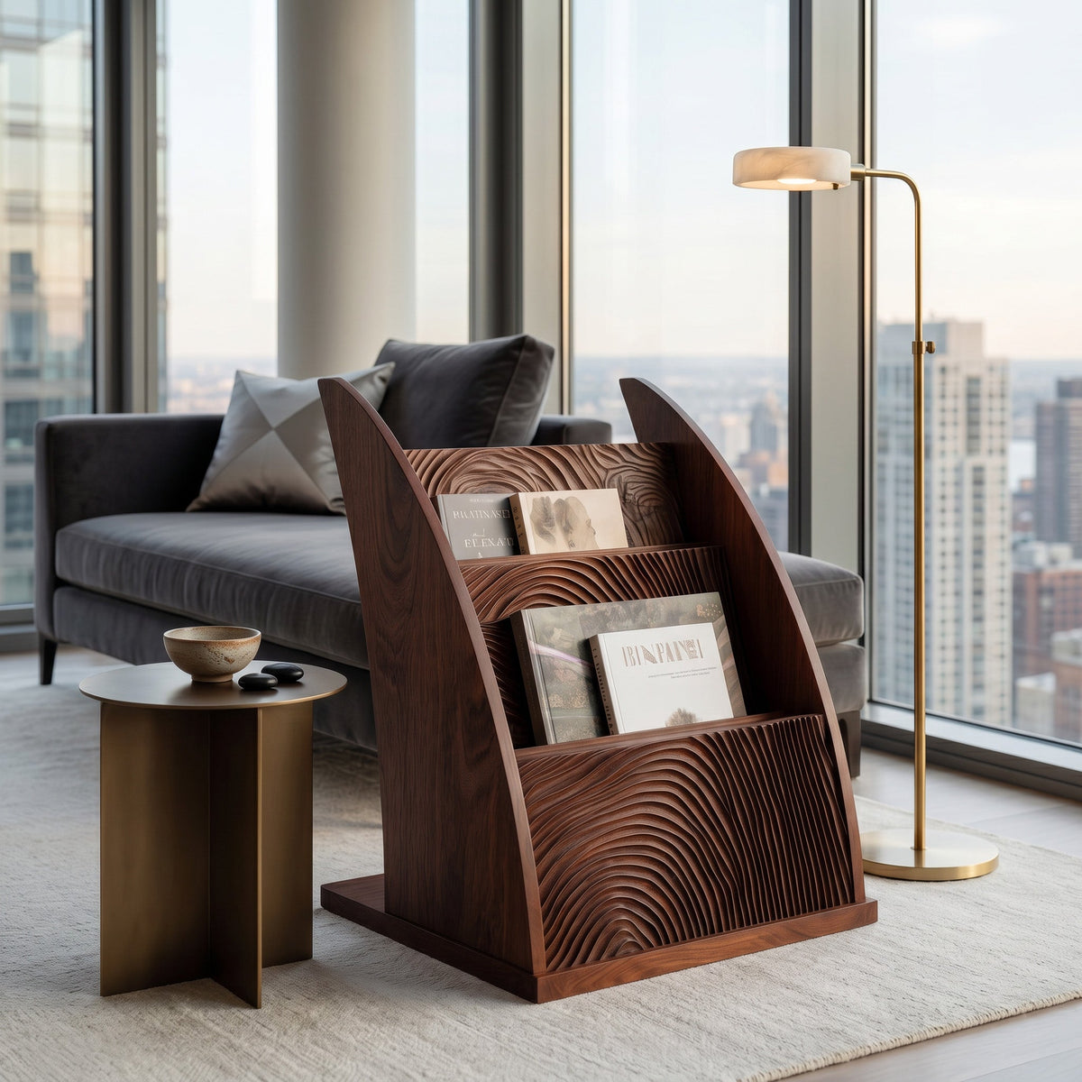 Contemporary Carved Wood Magazine Rack For Reading Corner
