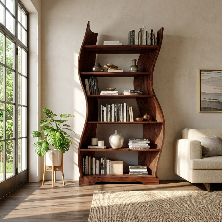 Contemporary Flowing Wooden Bookshelf For Living Room