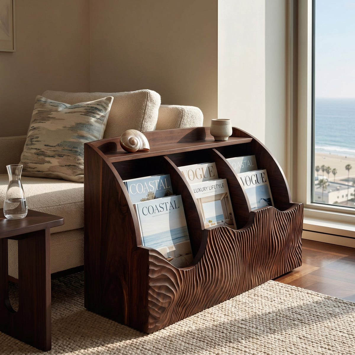 Contemporary Carved Curved Wood Magazine Rack For Living Room