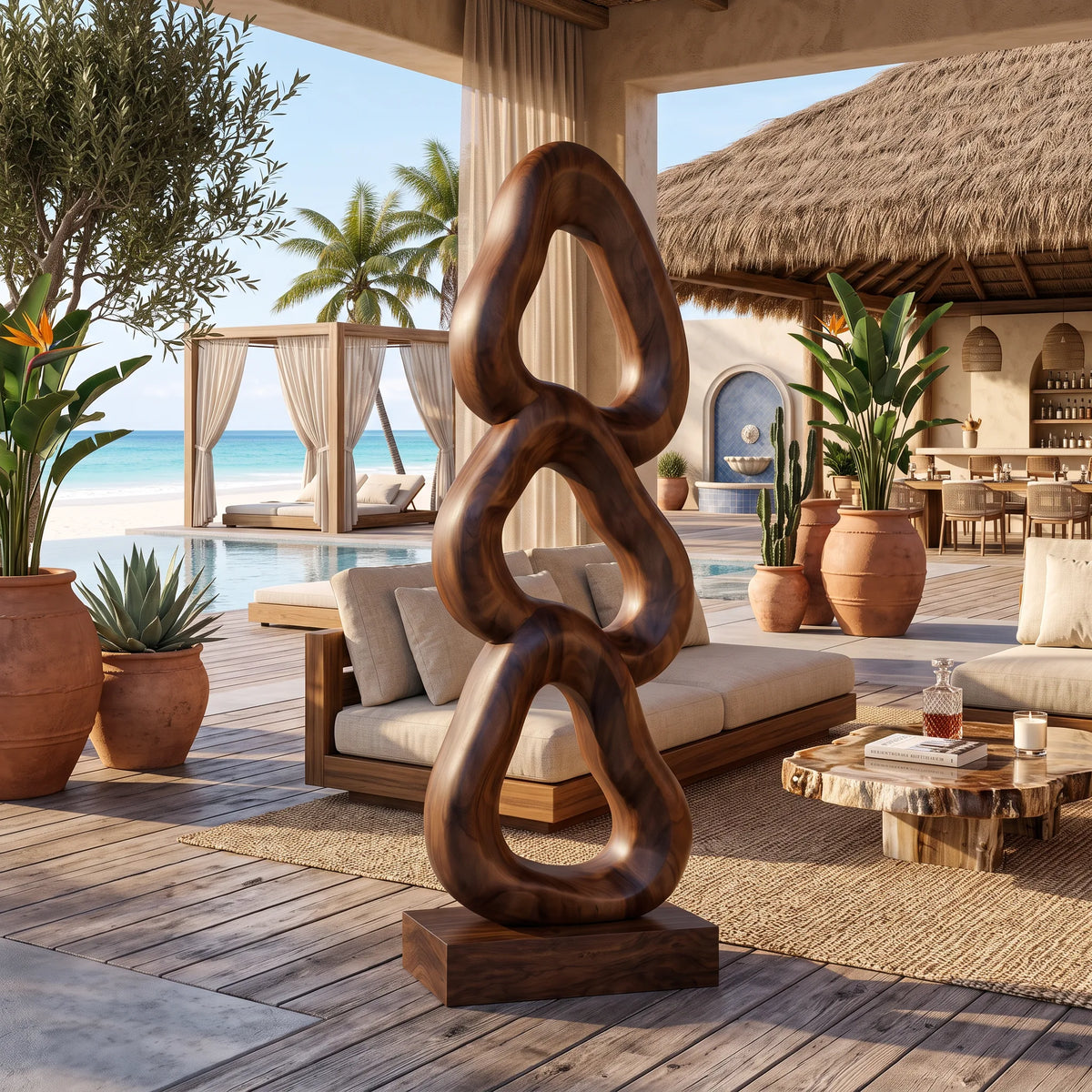 Abstract Wooden Sculpture For Luxury Coastal Balcony Decor