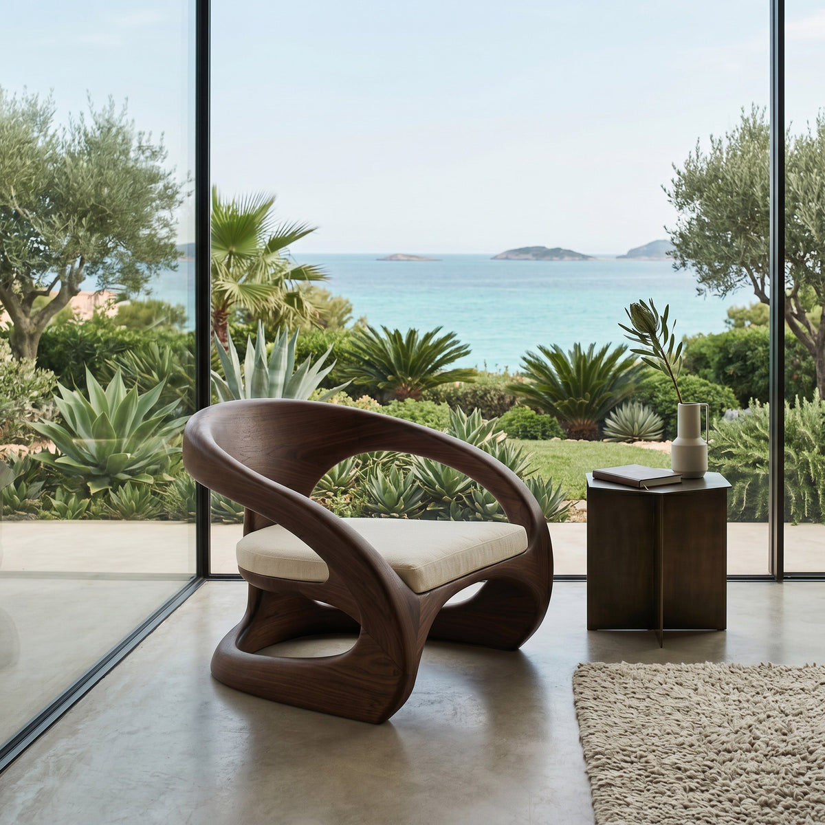 Artistic Curved Armchair Without Upholstered Seat For Living Room