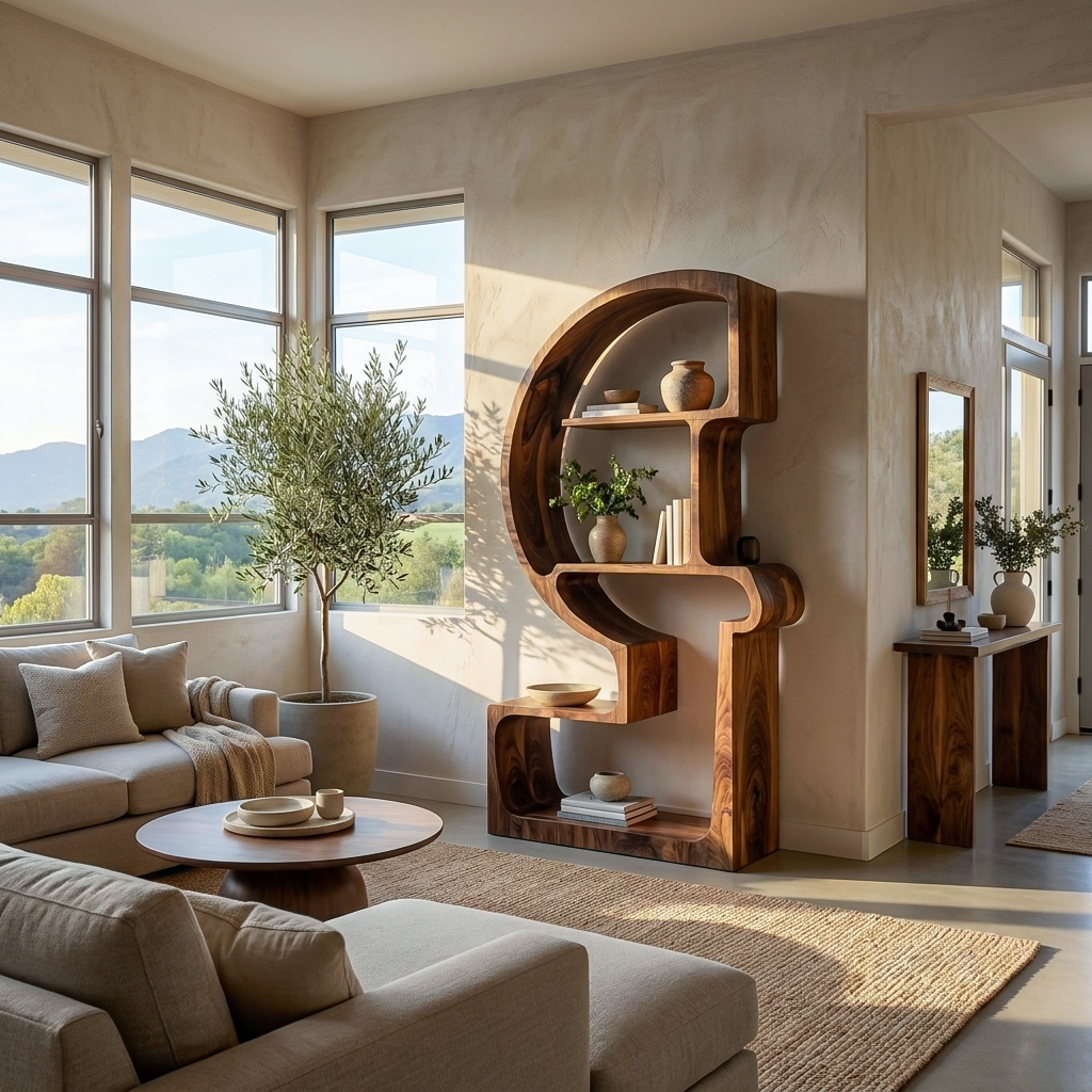 Artistic Wooden Bookshelf With Unique Curved Structure For Home