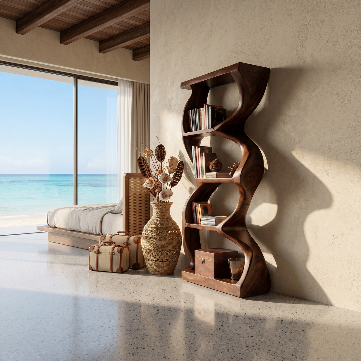 Coastal Inspired Curved Wooden Bookcase With Organic Form