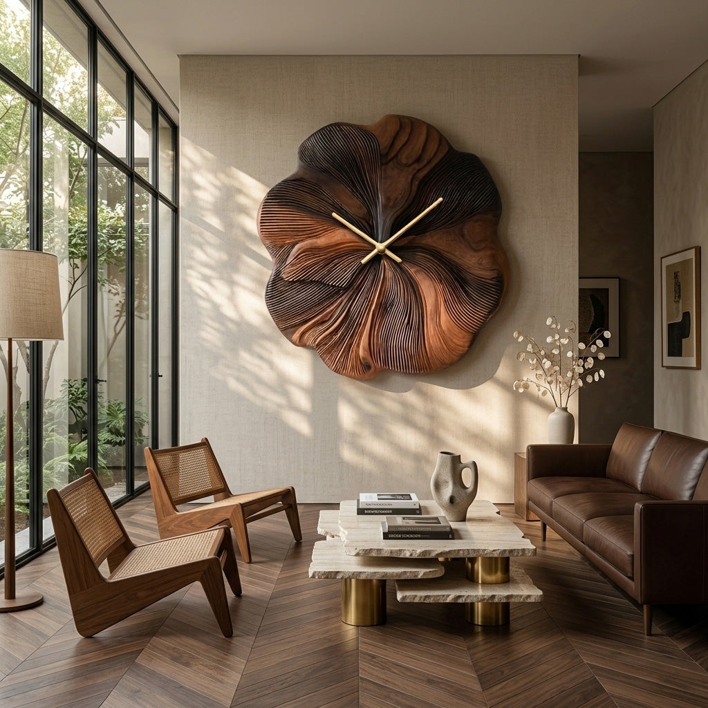 Contemporary Floral Wooden Wall Clock Decor For Living Room