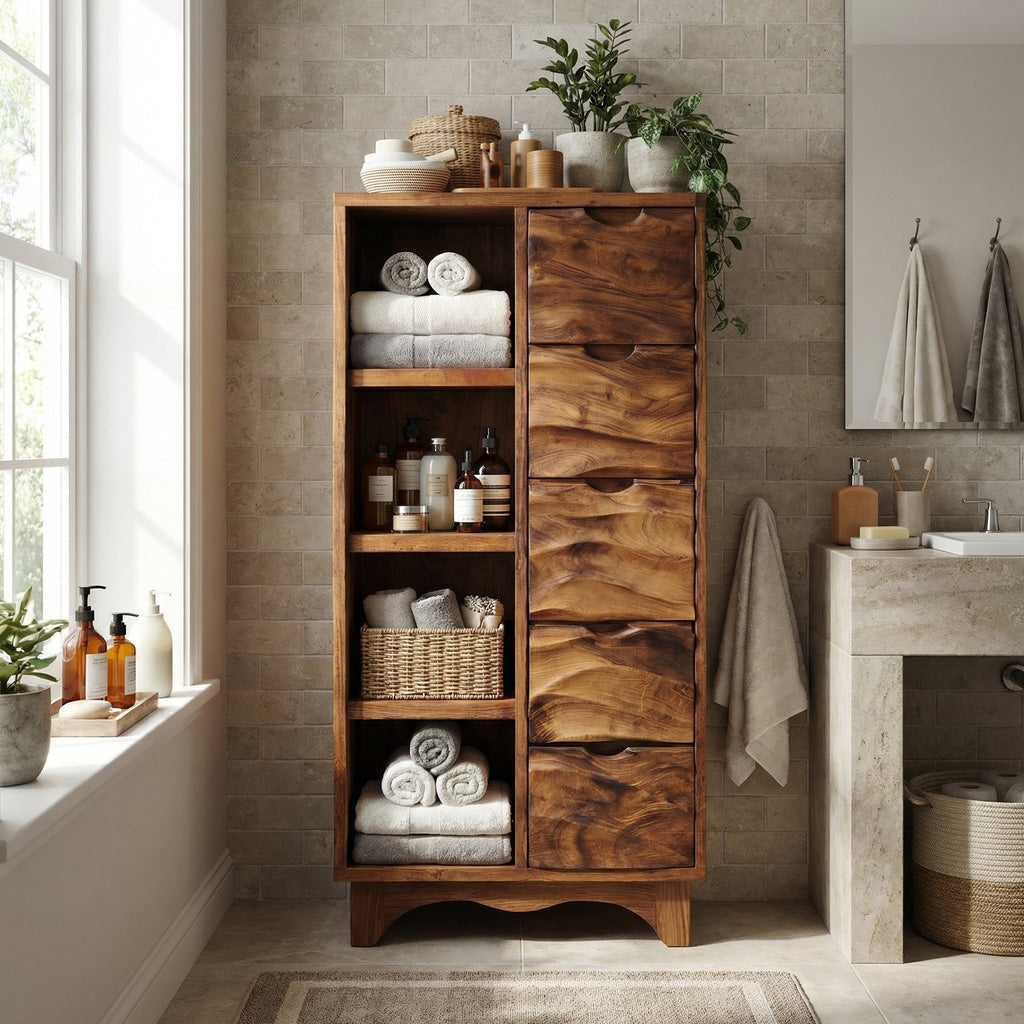 Contemporary Bathroom Cabinet With Open Shelves And Drawers For Spa