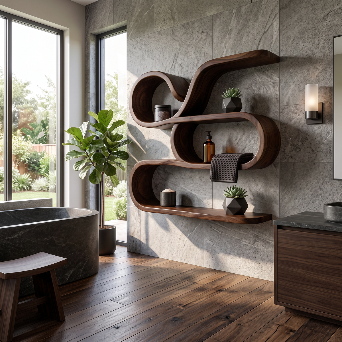Coastal Wooden Floating Storage Shelves for Bathroom