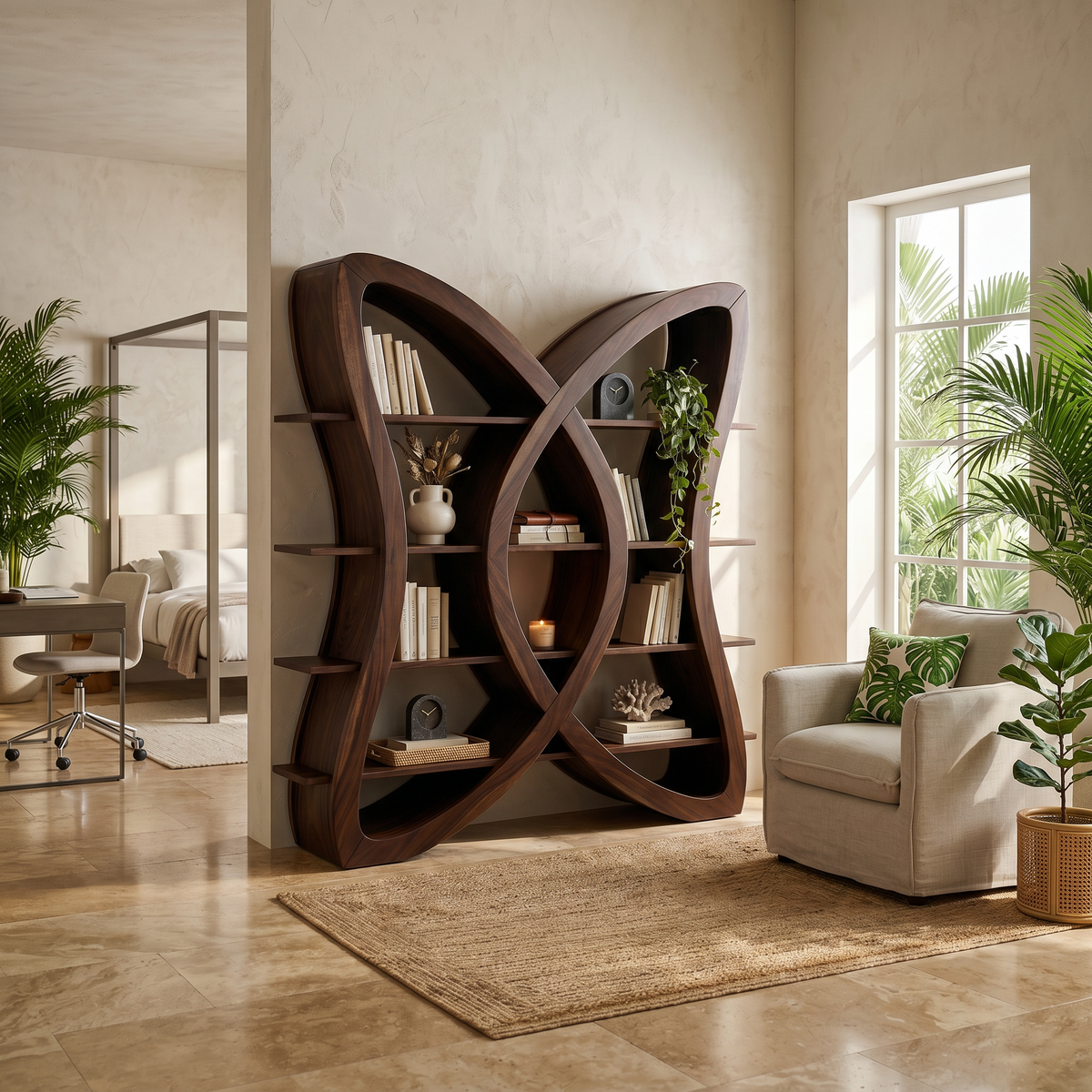 Butterfly Inspired Wooden Bookcase In Organic Style