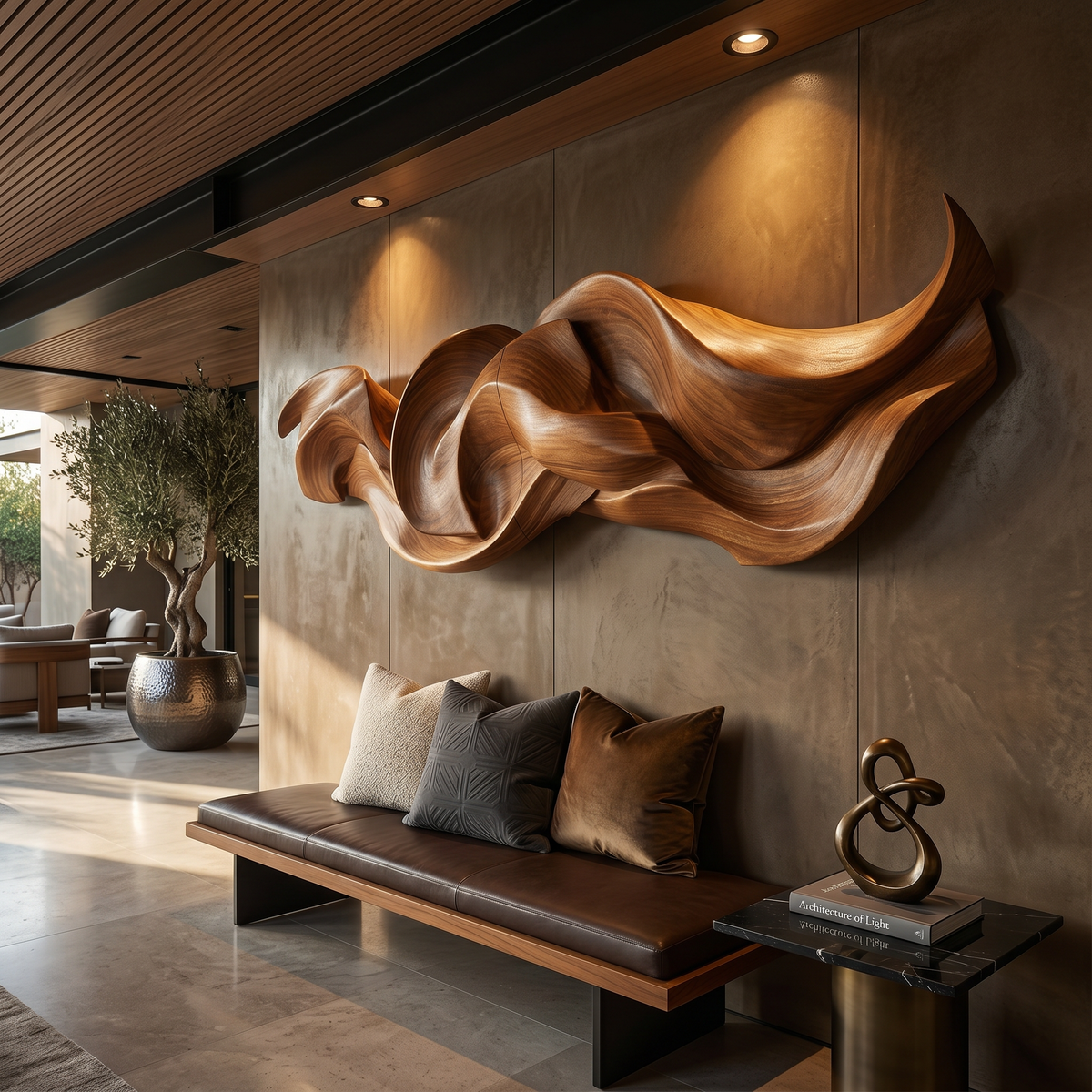 Contemporary Organic Ribbon Wood Wall Art Dining Room Interior Decor