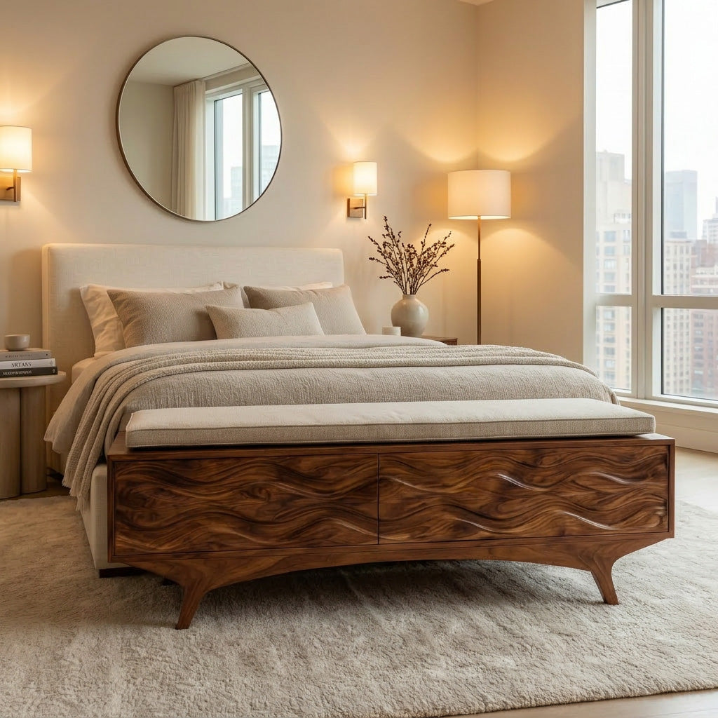 Coastal Wave Carved Storage Bench For Entryway