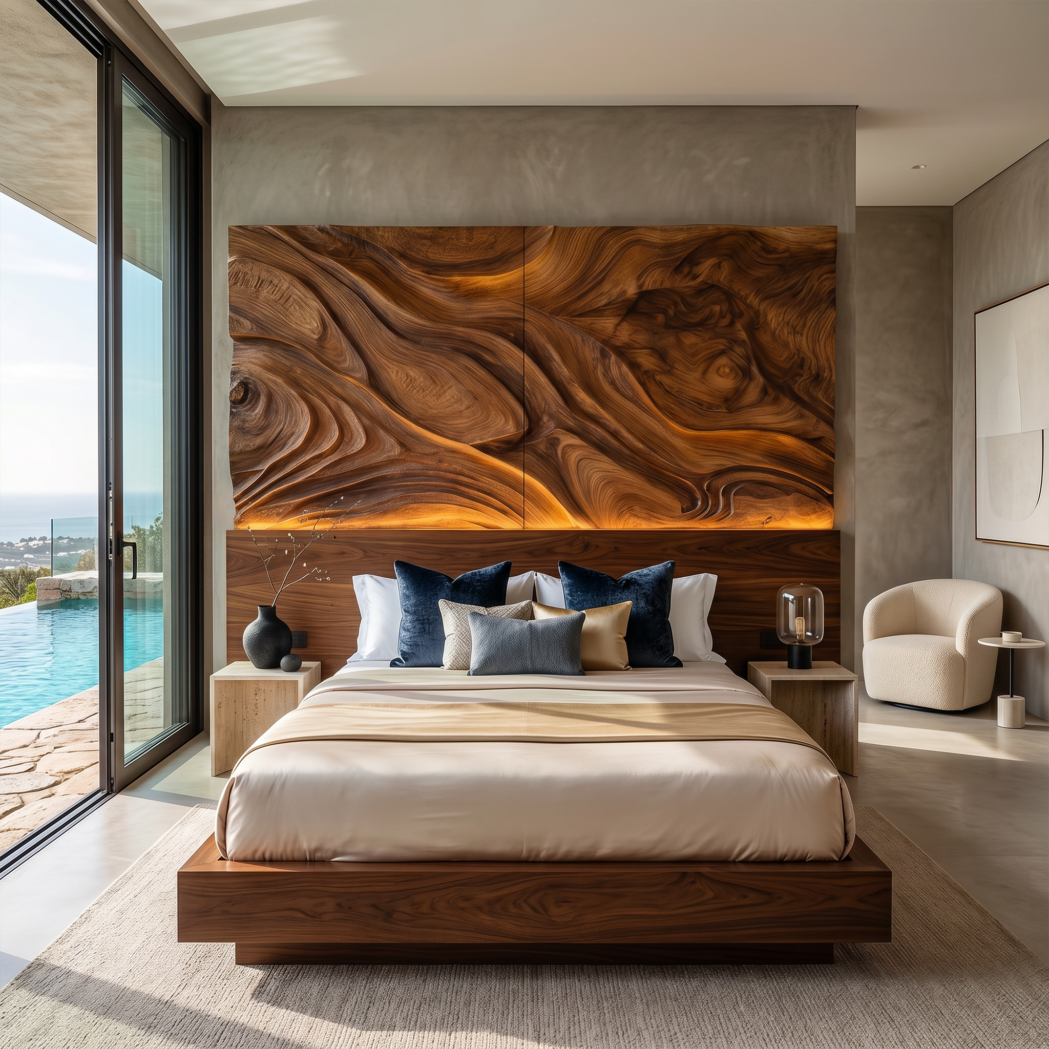 Abstract Flowing Wood Headboard For Luxury Coastal Villa Bedroom