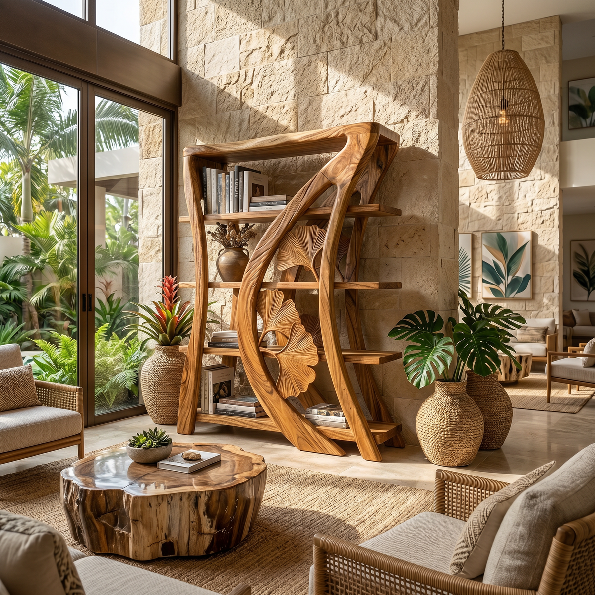 Artistic Wooden Bookcase With Botanical Sculpture Design