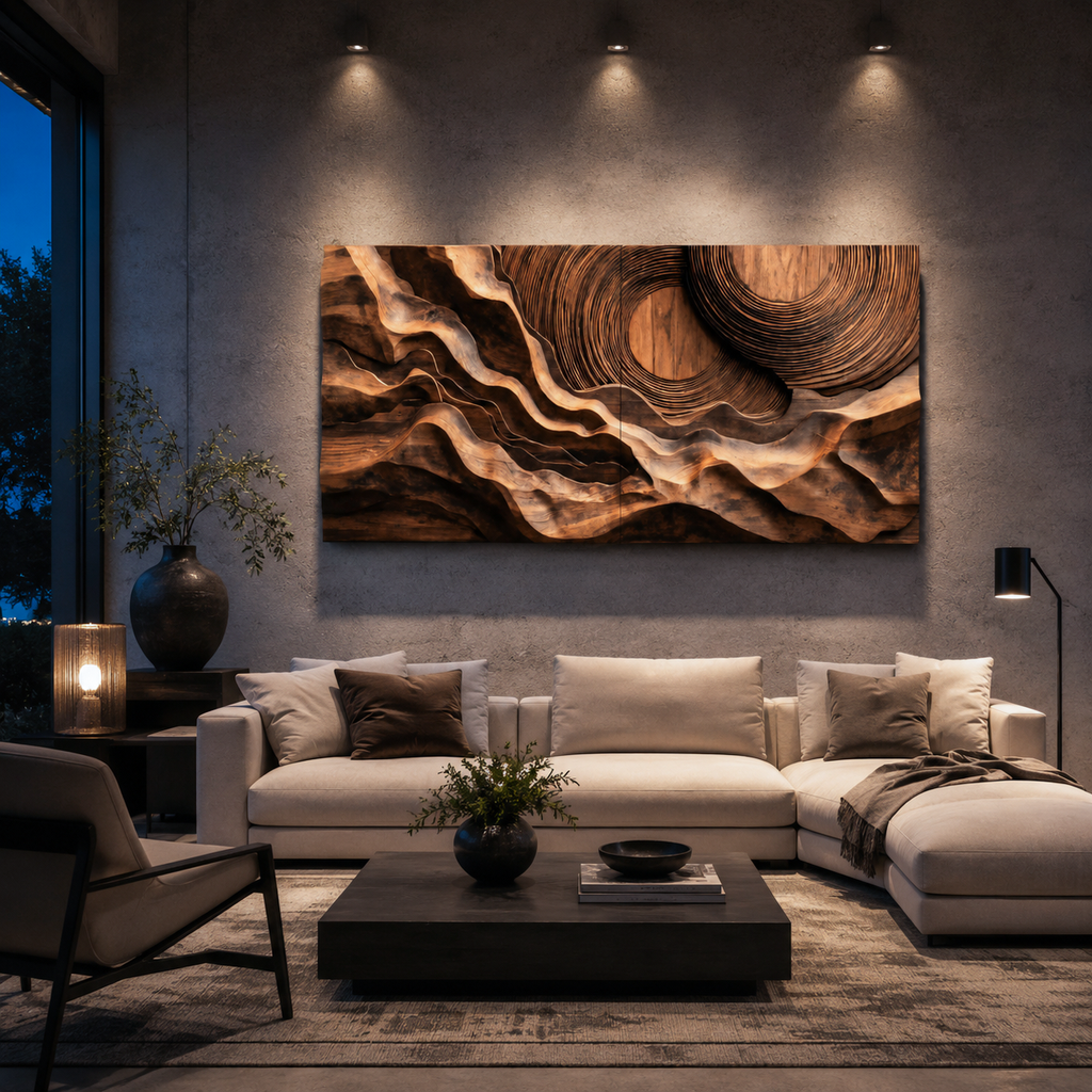 Abstract Sculptural Wood Wall Art With Carved Landscape For Interior