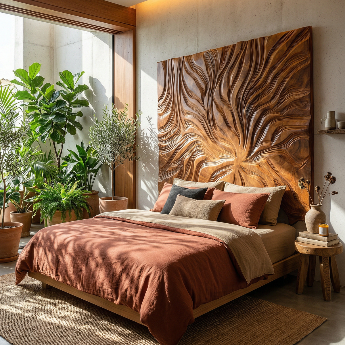 Abstract Flowing Grain Wood Headboard For Modern Minimalist Bedroom