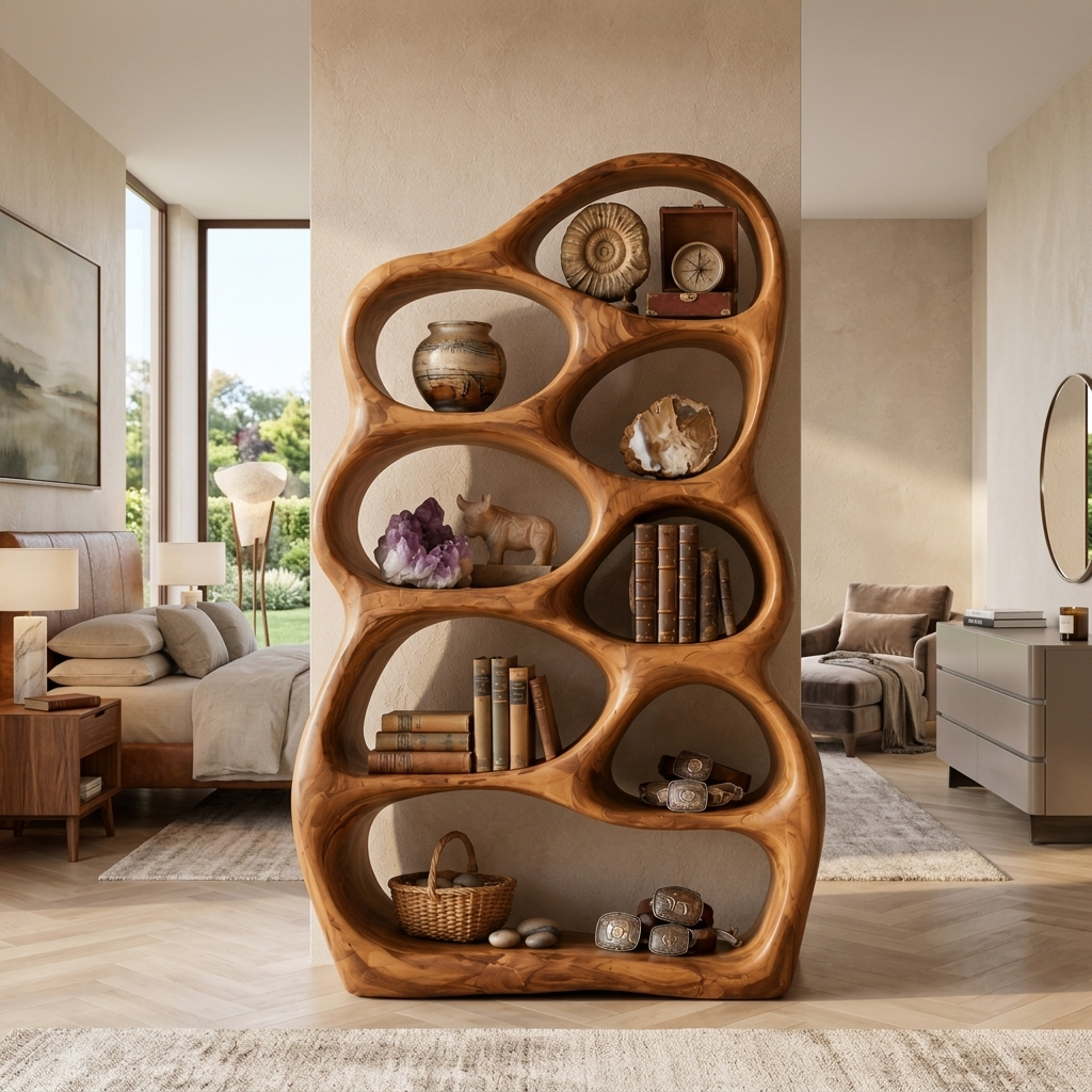 Artistic Sculptural Wood Bookshelf With Multi Tiers For Living Room