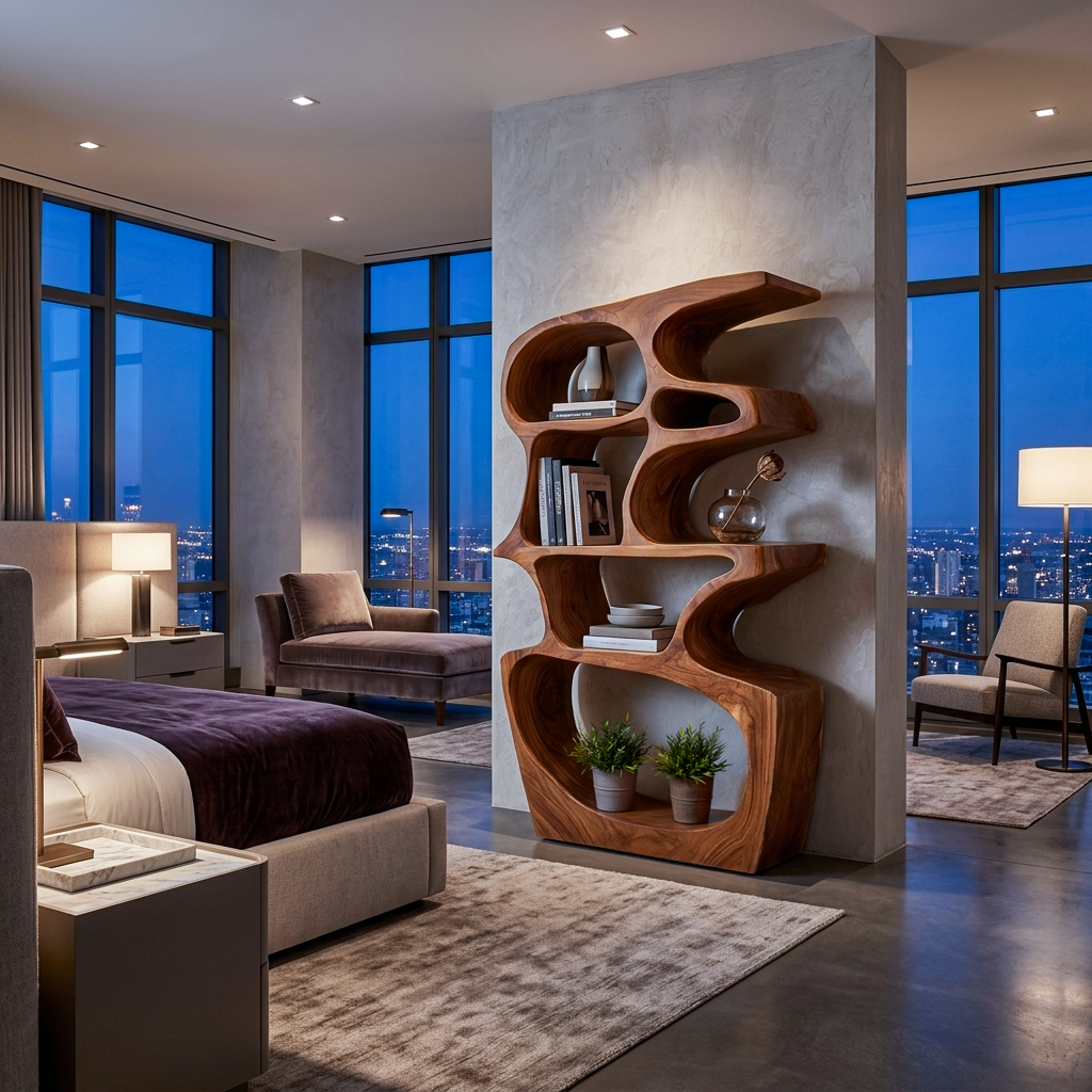 Artistic Bookshelf With Sculptural Open Shelves For Home Styling