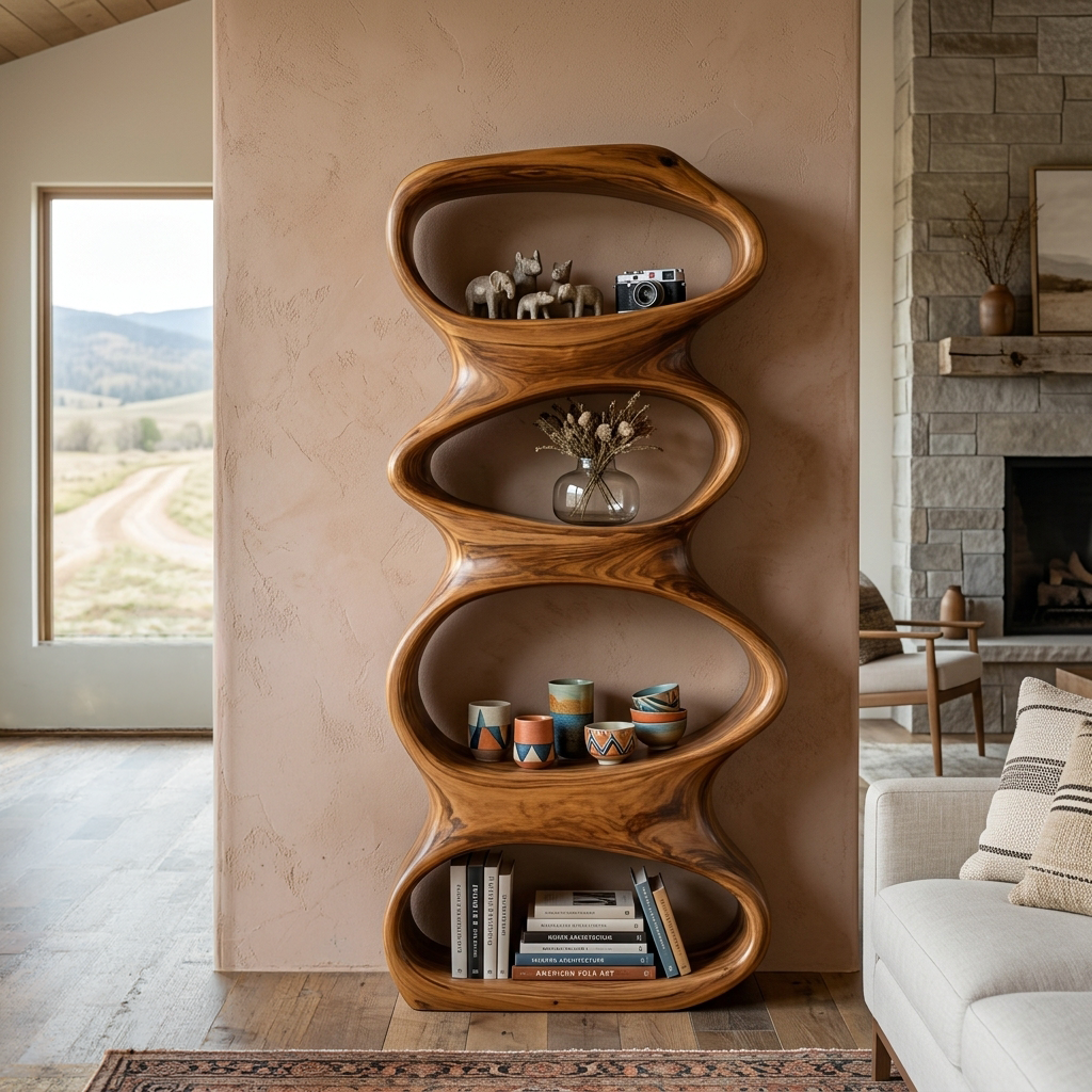 Biomorphic Wooden Bookshelf For Modern Living Room