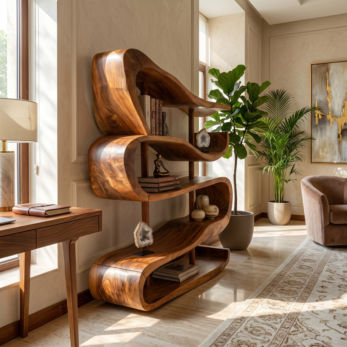 Artistic Wooden Display Shelf In Organic Form