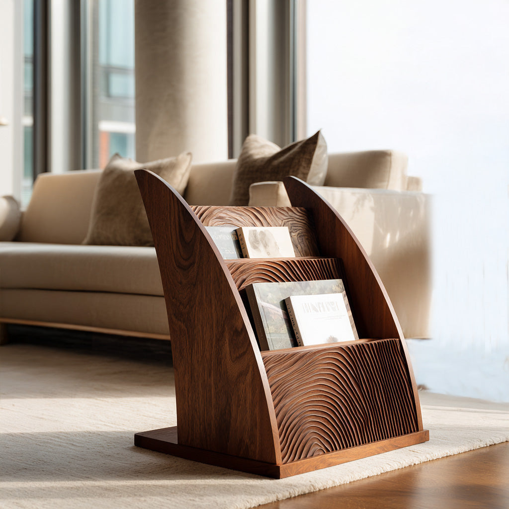 Contemporary Carved Wood Magazine Rack For Reading Corner