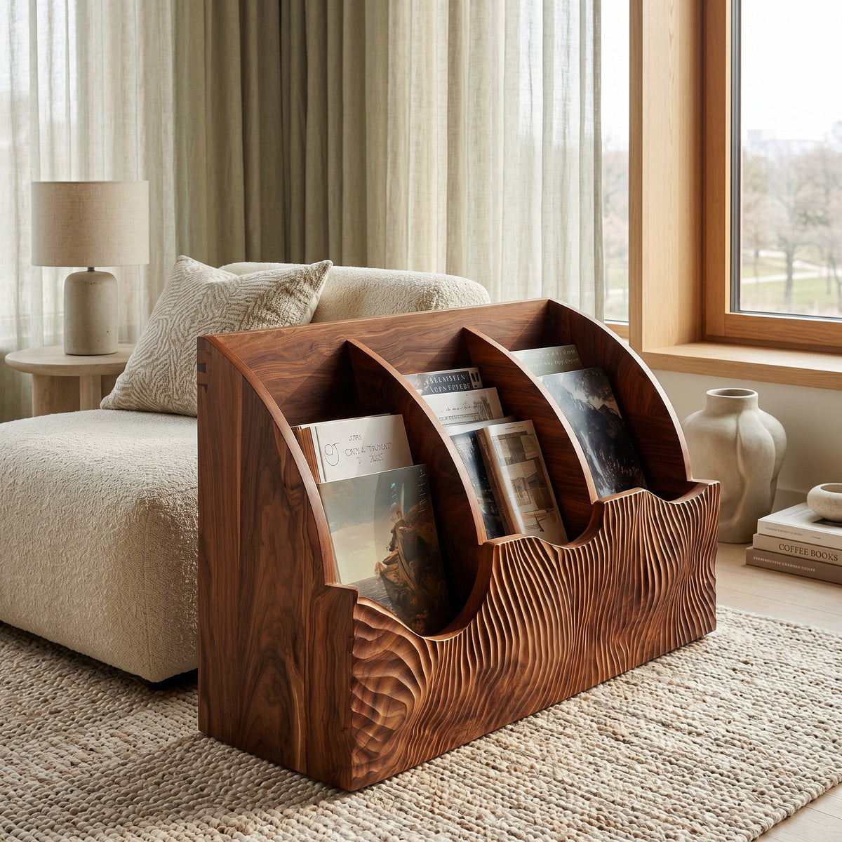 Contemporary Carved Curved Wood Magazine Rack For Living Room