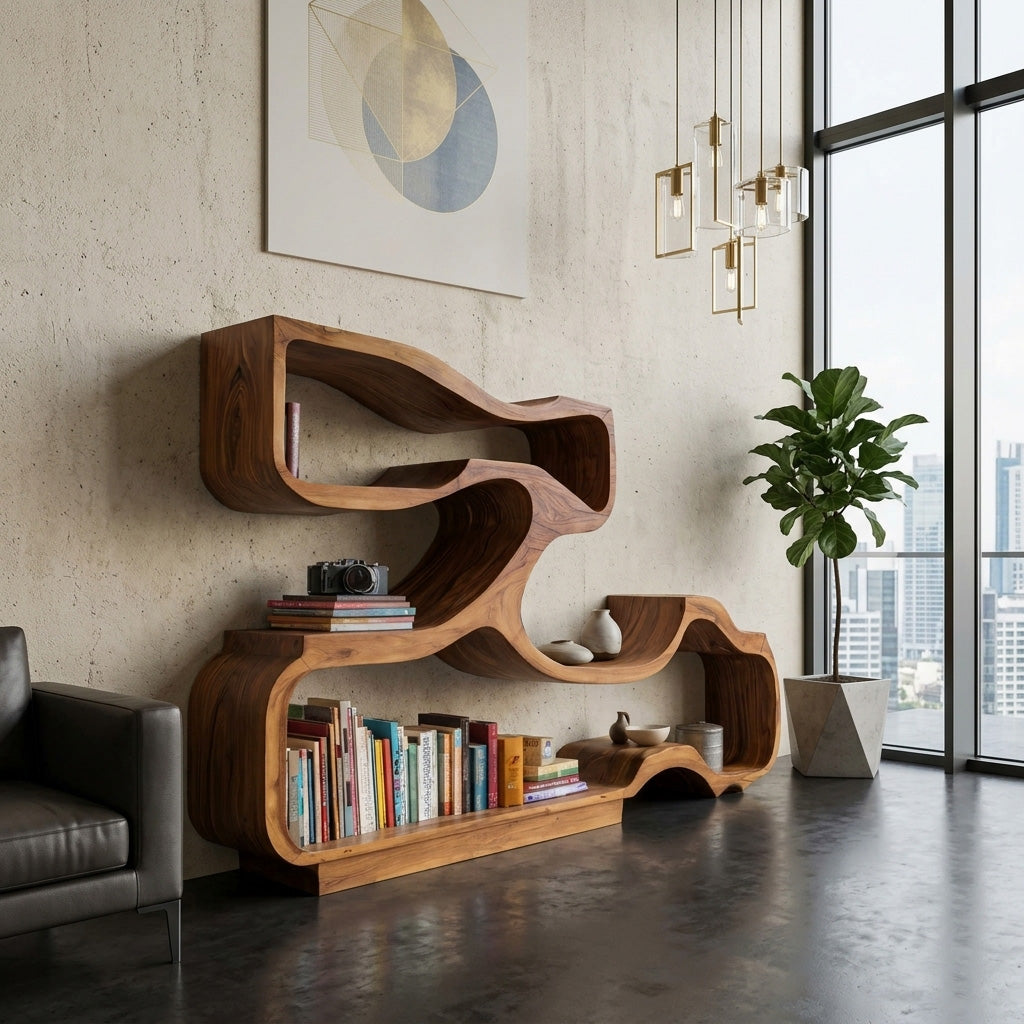 Artistic Bookshelf With Flowing Design For Living Room