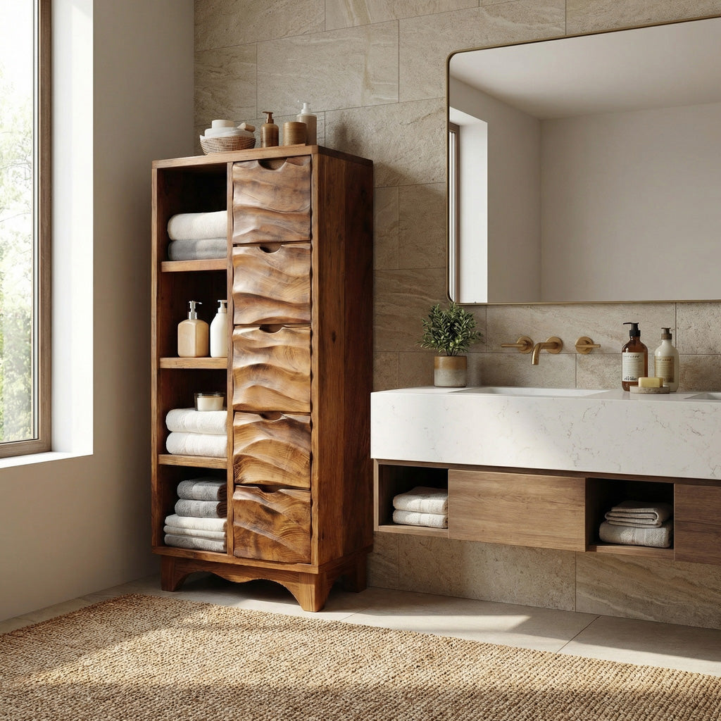Contemporary Bathroom Cabinet With Open Shelves And Drawers For Spa