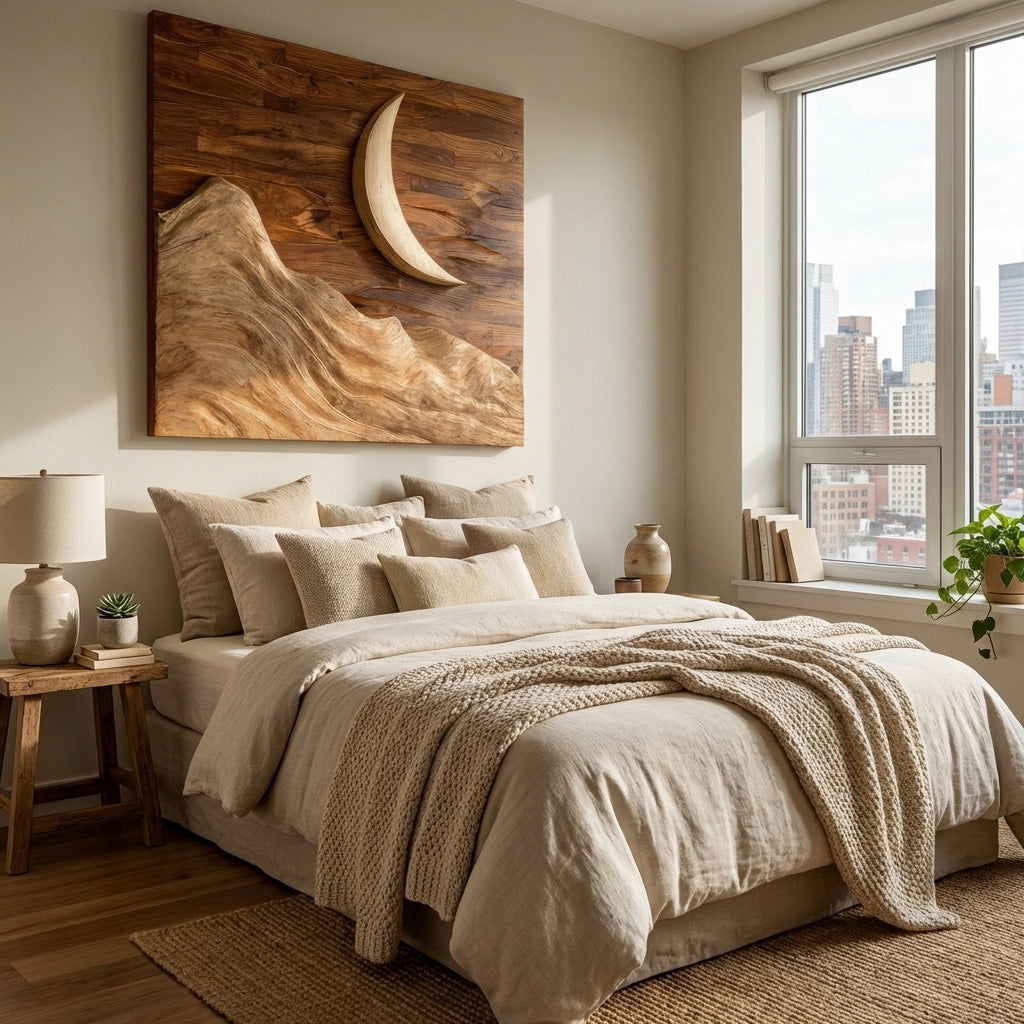 Contemporary Moon Over Mountains Wooden Wall Art For Home