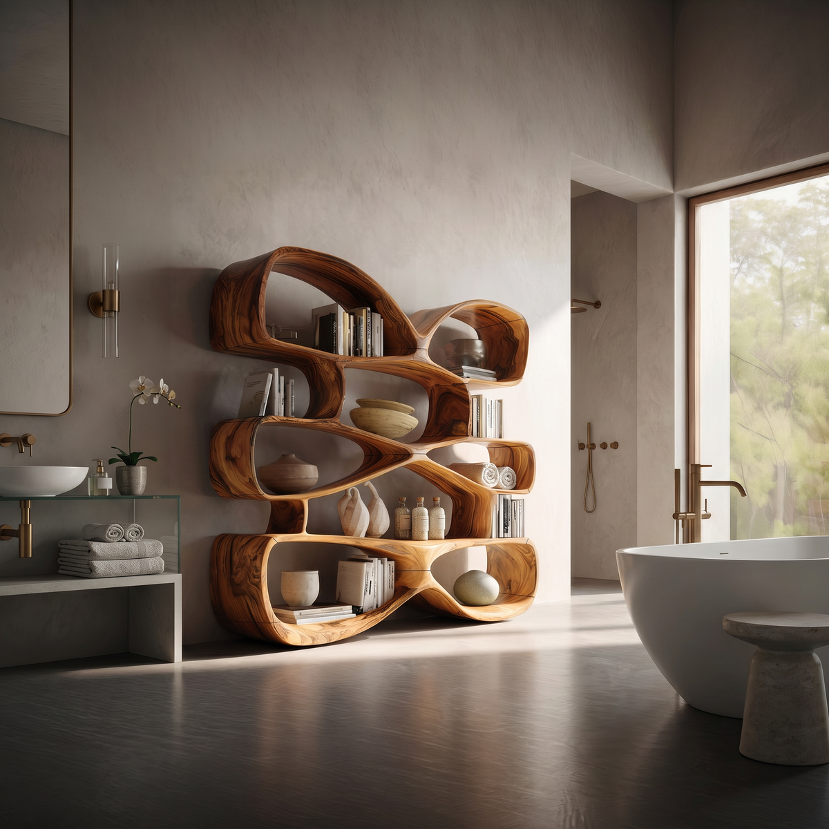 Contemporary Biomorphic Wooden Bookshelf In Fluid Design