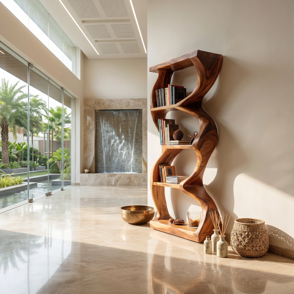 Coastal Inspired Curved Wooden Bookcase With Organic Form