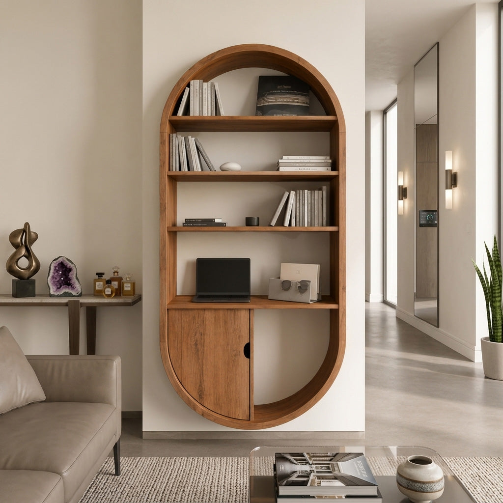 Arched Wooden Wall Bookshelf With Storage For Living Room