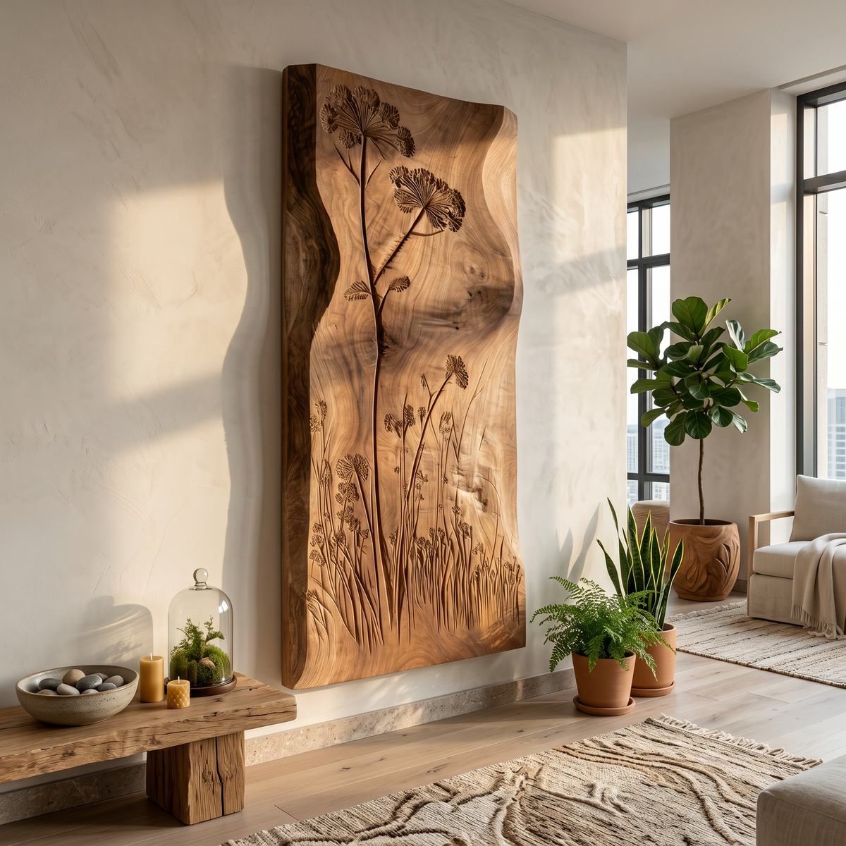 Botanical Wall Panel With Wildflower Relief For Hallway