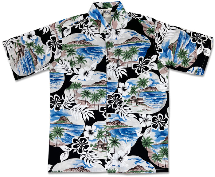 Island Pareo (Black) Hawaiian Shirts
