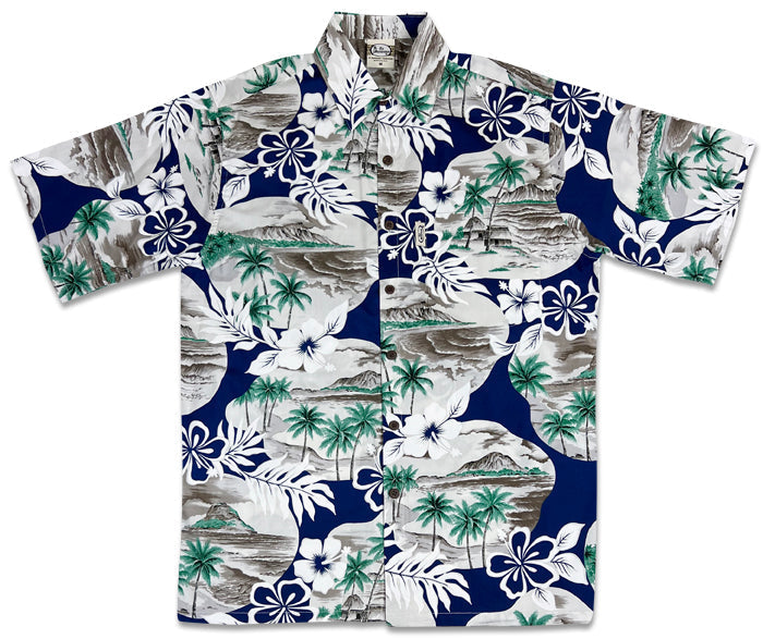 Island Pareo (Navy) Hawaiian Shirts