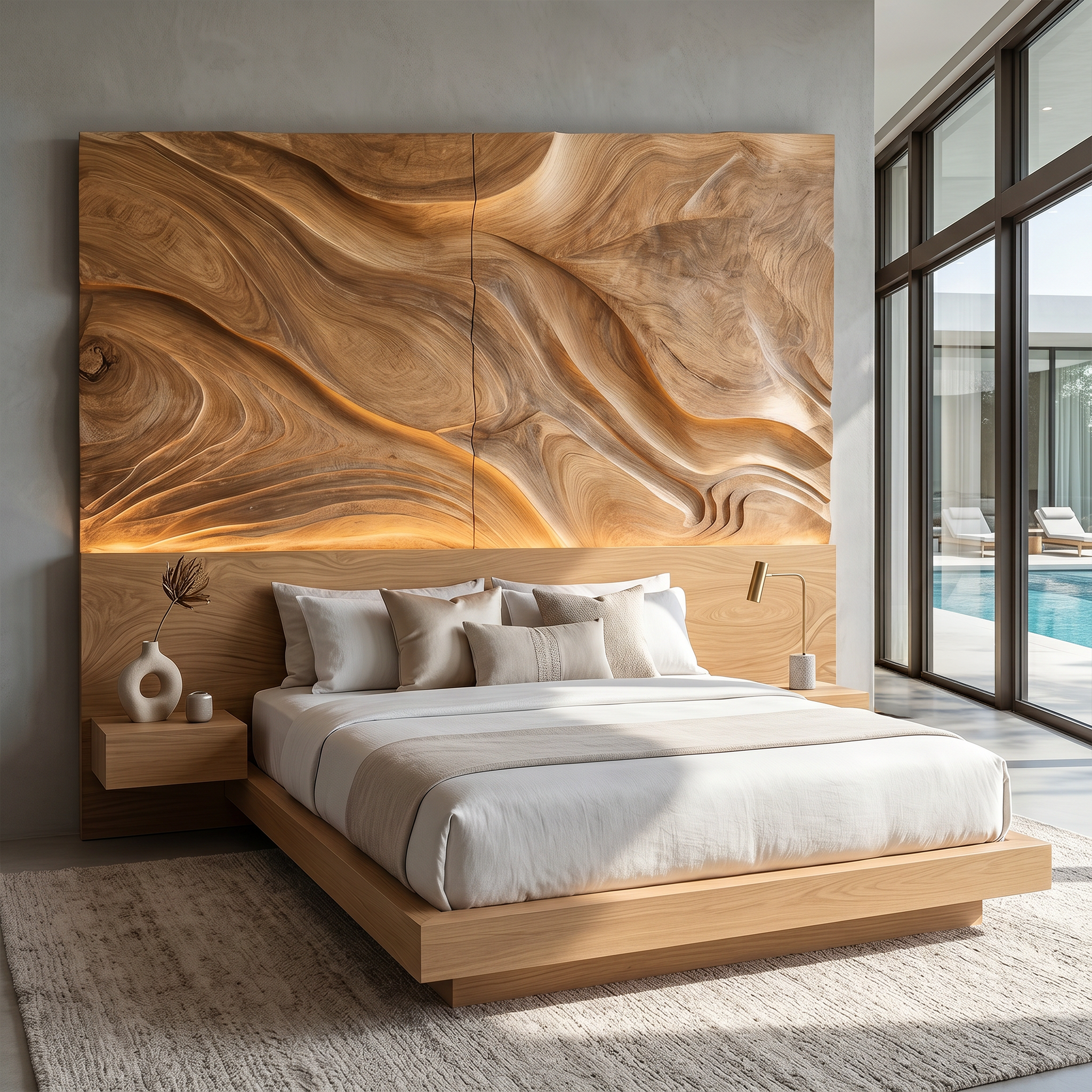 Abstract Flowing Wood Headboard For Luxury Coastal Villa Bedroom
