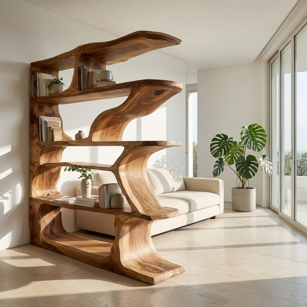 Contemporary Artistic Wooden Bookshelf For Living Room Storage