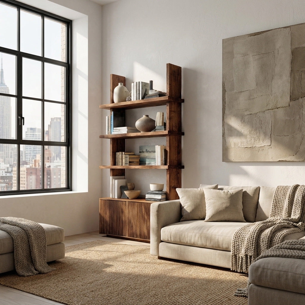 Contemporary Fluted Wood Bookshelf For Living Decor