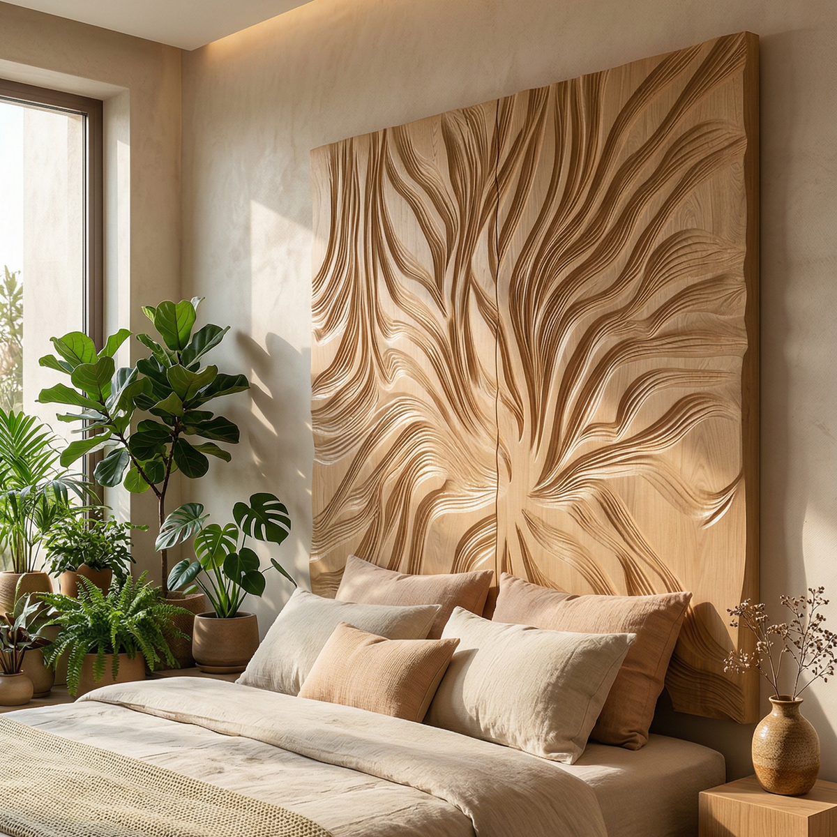 Abstract Flowing Grain Wood Headboard For Modern Minimalist Bedroom