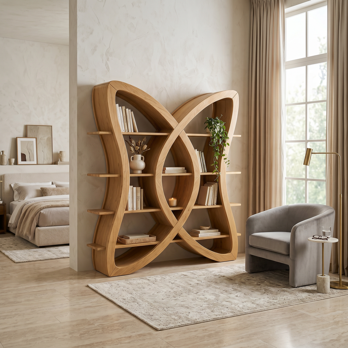 Butterfly Inspired Wooden Bookcase In Organic Style