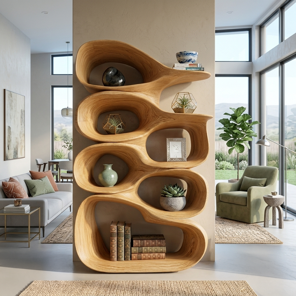 Artistic Wooden Bookshelf With Sculptural Display Shelving For Home Decor