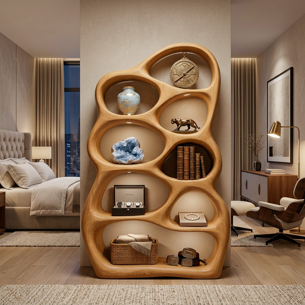 Artistic Sculptural Wood Bookshelf With Multi Tiers For Living Room