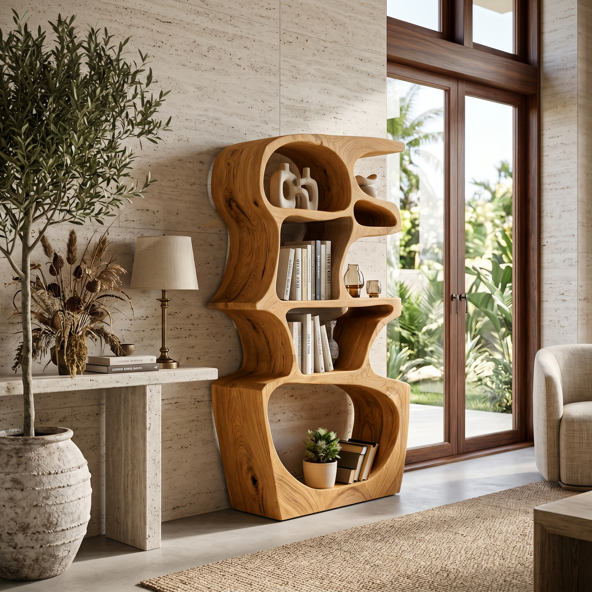 Artistic Bookshelf With Sculptural Open Shelves For Home Styling