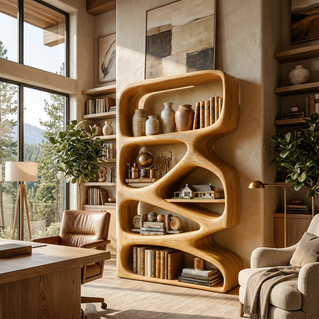 Artistic Wooden Bookshelf With Functional Open Display Shelving For Living