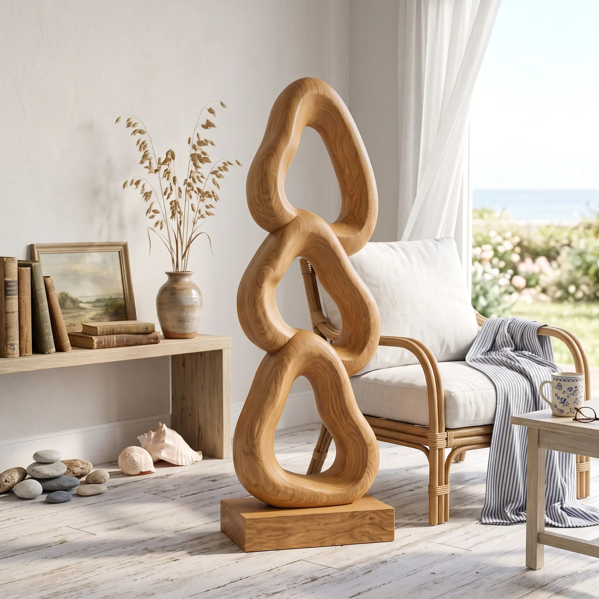Abstract Wooden Sculpture For Luxury Coastal Balcony Decor