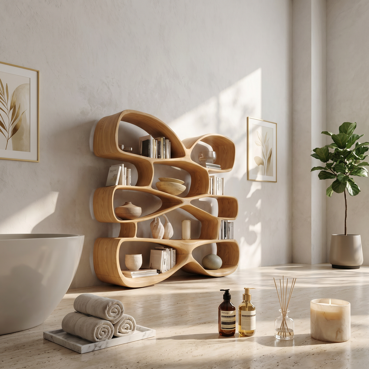 Contemporary Biomorphic Wooden Bookshelf In Fluid Design