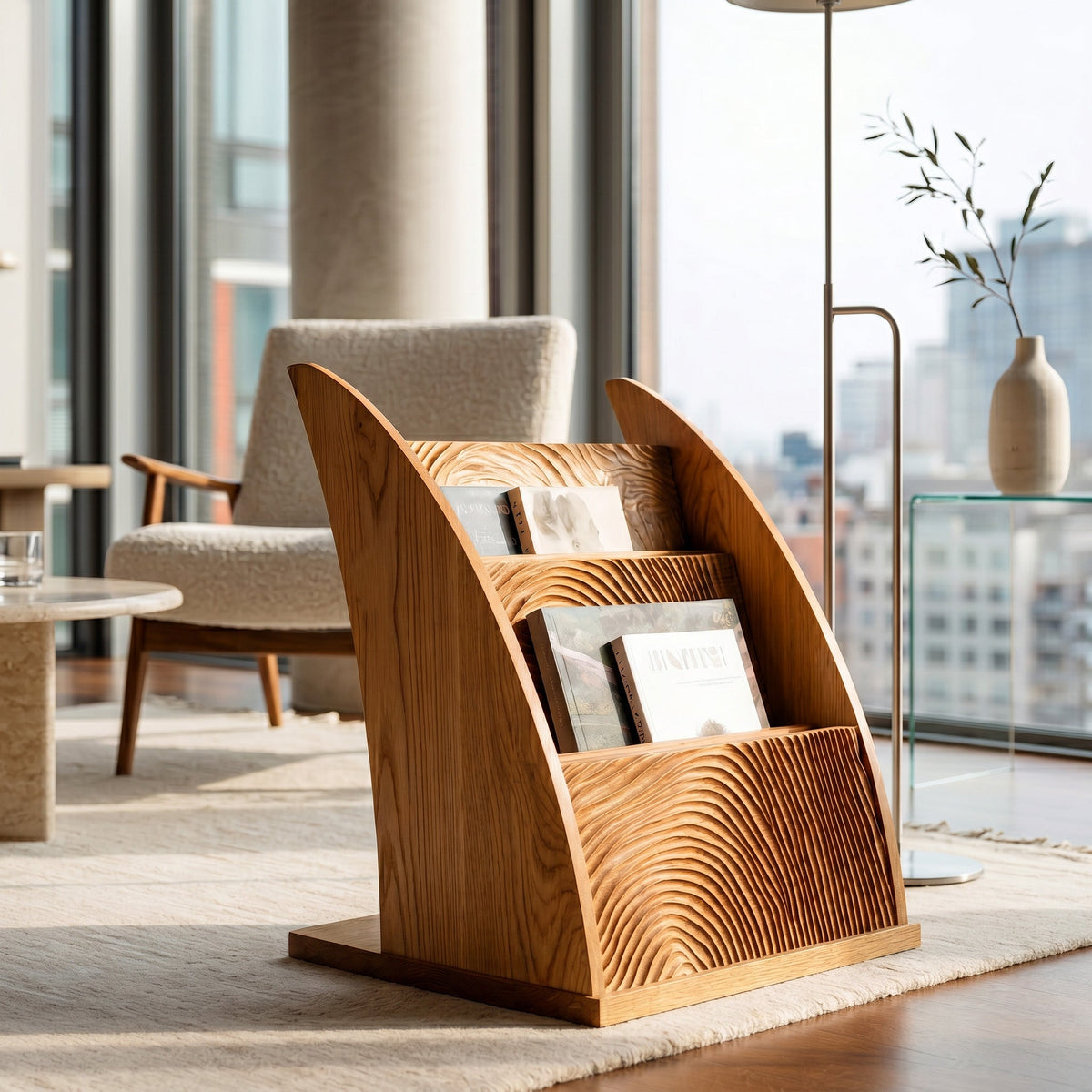 Contemporary Carved Wood Magazine Rack For Reading Corner