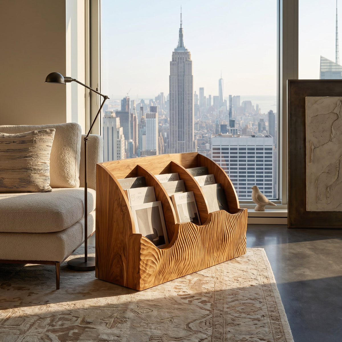 Contemporary Carved Curved Wood Magazine Rack For Living Room