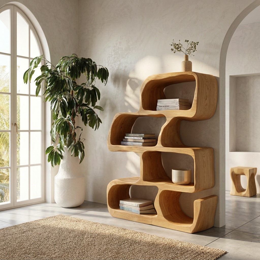 Artistic Wooden Standing Shelf For Modern Home