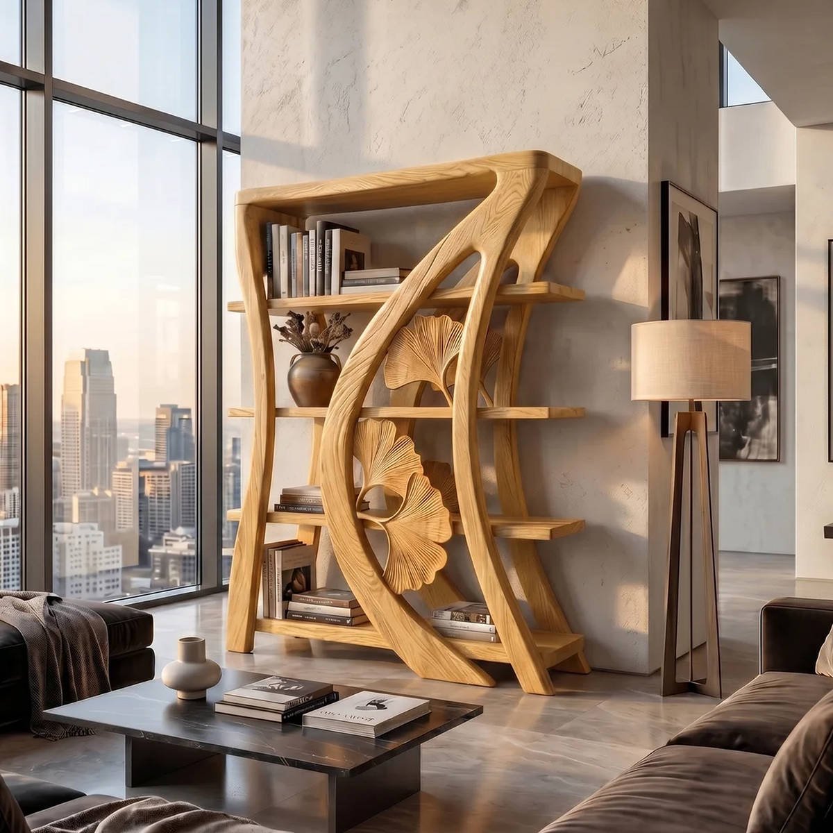 Artistic Wooden Bookcase With Botanical Sculpture Design