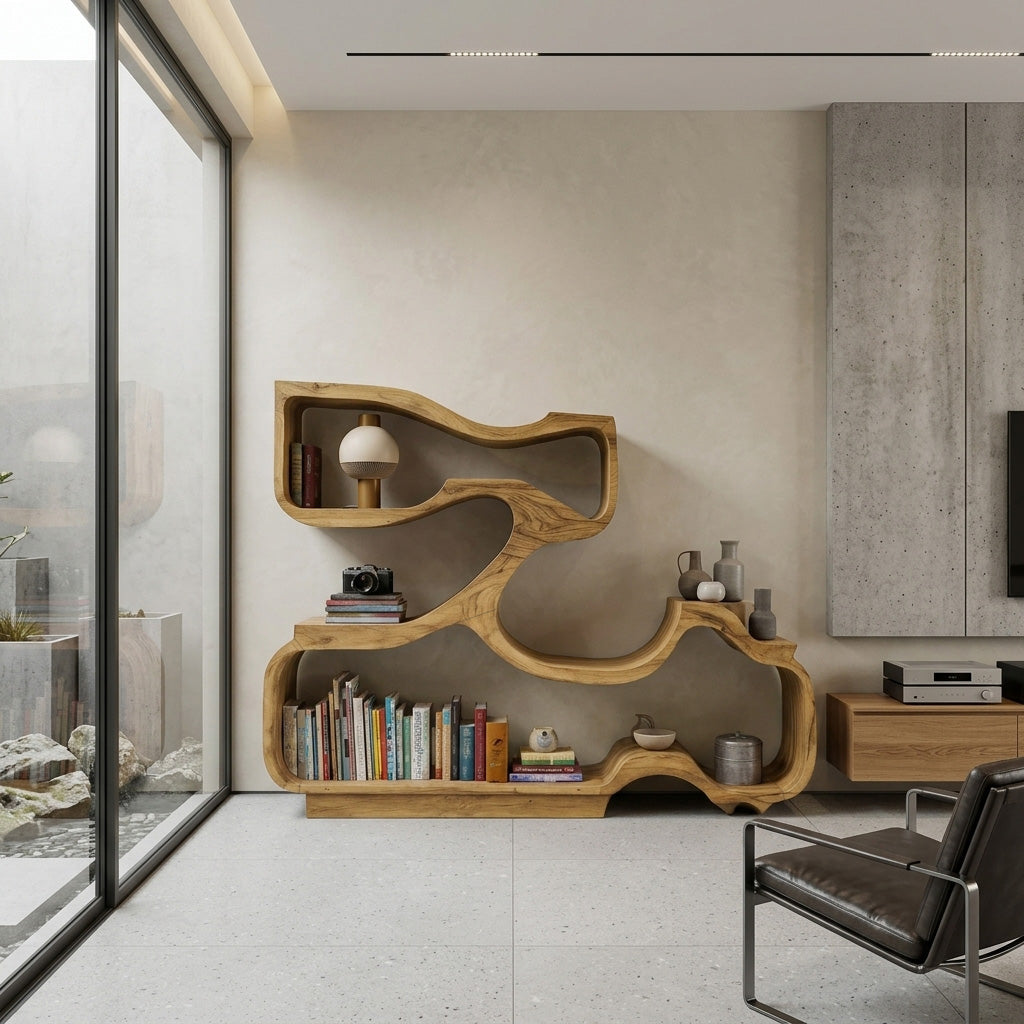 Artistic Bookshelf With Flowing Design For Living Room