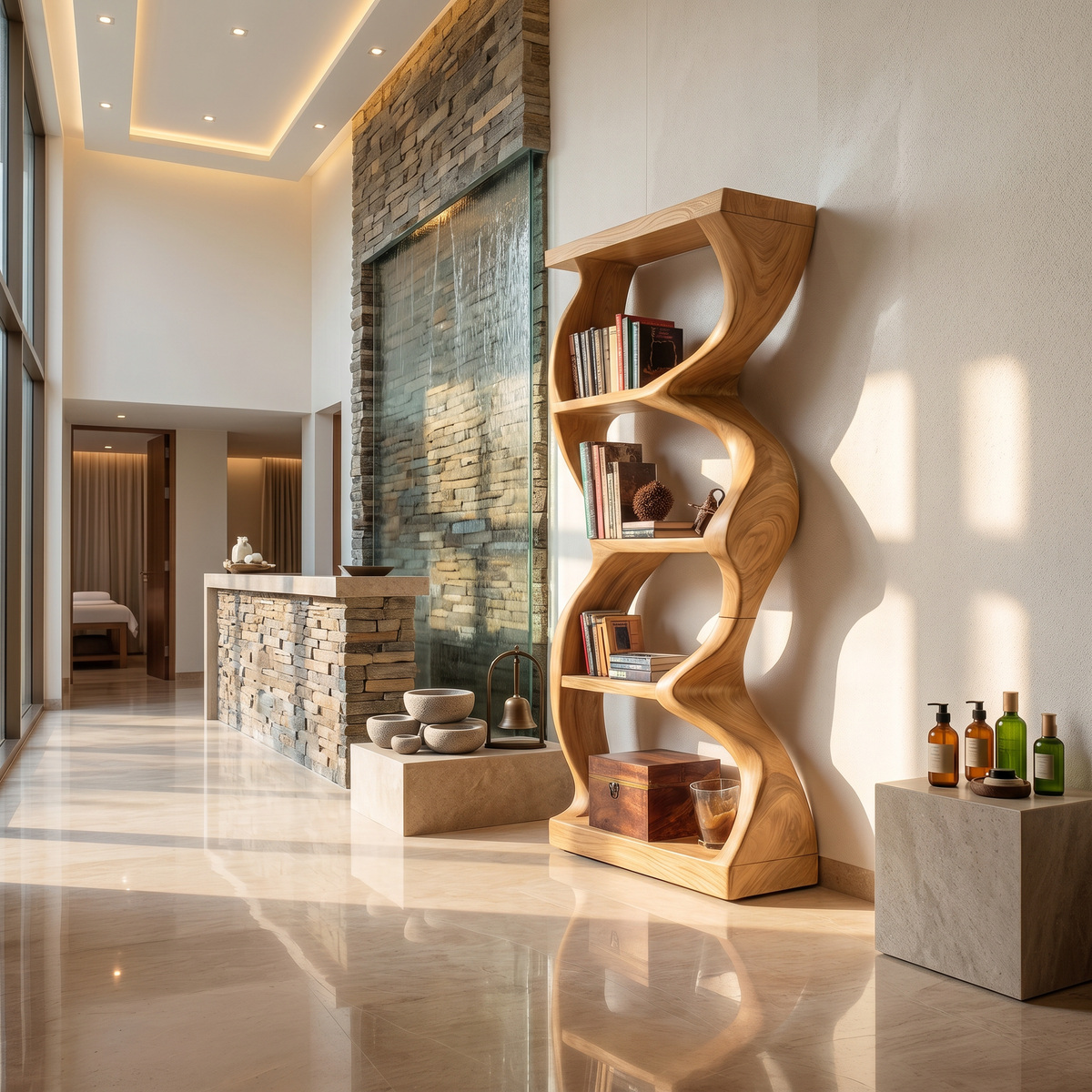 Coastal Inspired Curved Wooden Bookcase With Organic Form