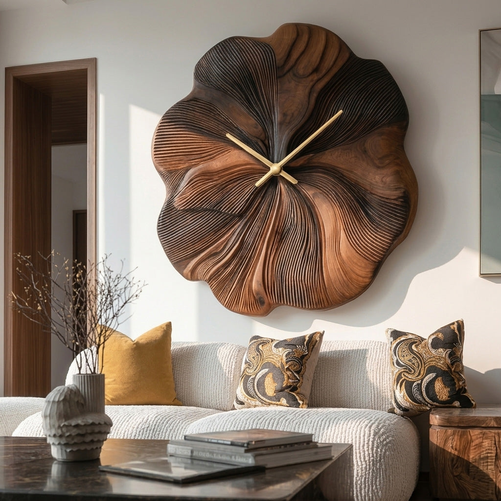 Contemporary Floral Wooden Wall Clock Decor For Living Room
